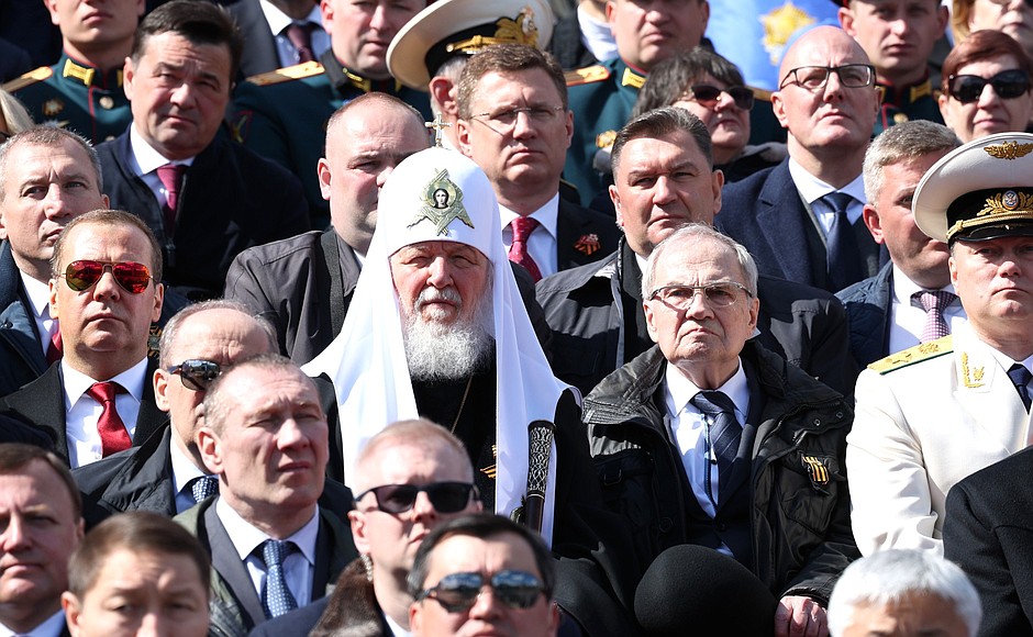 At the military parade to mark the 78th anniversary of Victory in the Great Patriotic War. From left to right: Deputy Chairman of the Security Council Dmitry Medvedev, Patriarch Kirill of Moscow and All Russia, Chairman of the Constitutional Court Valery Zorkin, Prosecutor General Igor Krasnov.
