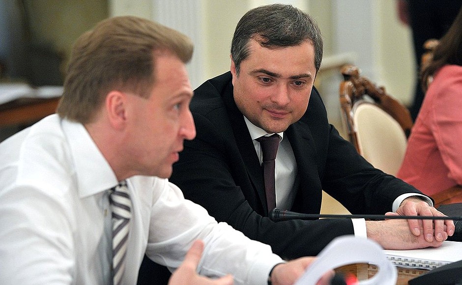 First Deputy Prime Minister Igor Shuvalov and Deputy Prime Minister and Government Chief of Staff Vladislav Surkov (right) at a meeting on implementing presidential executive orders on social policy.