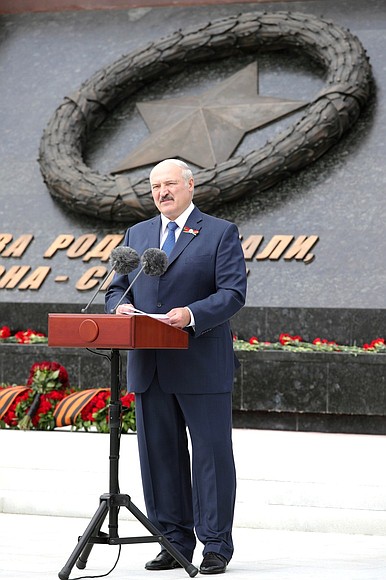 President of Belarus Alexander Lukashenko speaks at the ceremony to unveil the Rzhev Memorial to the Soviet Soldier.