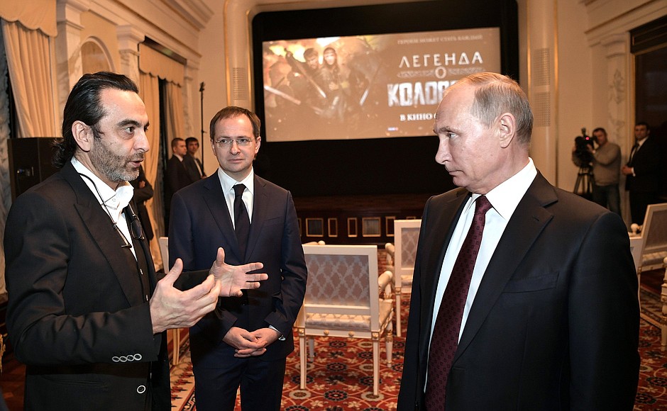 Before the screening of the film Furious. With film director Dzhanik Fayziev (left) and Minister of Culture Vladimir Medinsky.