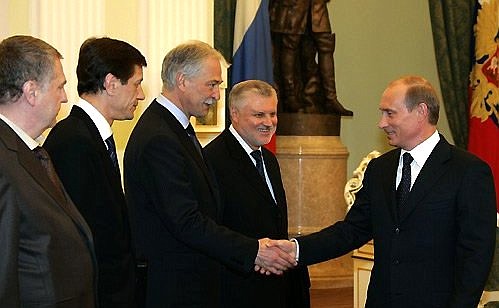 A meeting with senior Council of the Federation officials and the leaders of State Duma factions. With President (from right to left): Speaker of the Council of Federation Sergei Mironov, Speaker of the State Duma Boris Gryzlov, Deputy Prime Minister Aleksandr Zhukov and Deputy Speaker of the State Duma Vladimir Zhirinovsky.