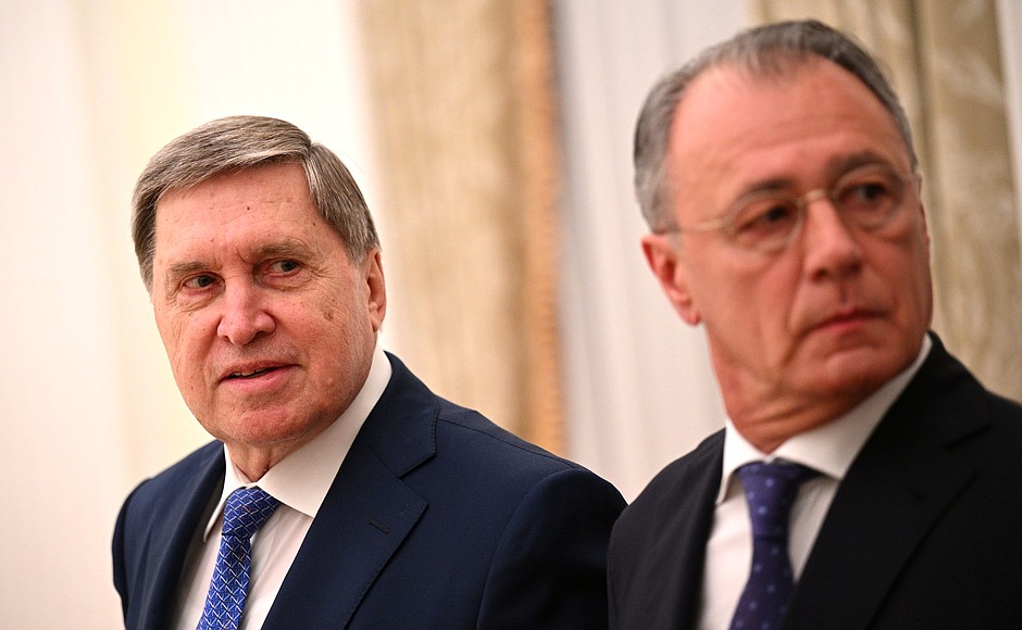 Aide to the President of Russia Yury Ushakov and Head of the Republika Srpska’s representative office in Russia Dusko Perovic (right) before of the meeting with President of Republika Srpska Milorad Dodik.