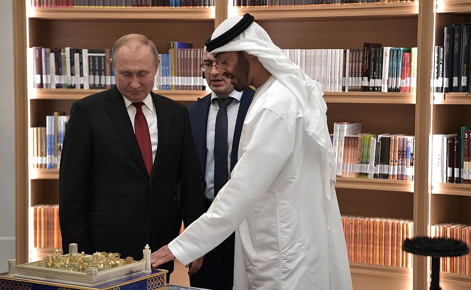 Vladimir Putin receives a model of the Qasr Al Hosn Palace, former residence of the UAE President, as a gift from Crown Prince of Abu Dhabi and Deputy Supreme Commander of the UAE Armed Forces Mohammed bin Zayed Al Nahyan.