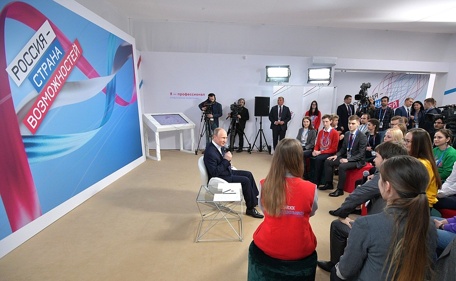 At a meeting with the winners and finalists of different projects of the ”Russia – Land of Opportunity“ forum.