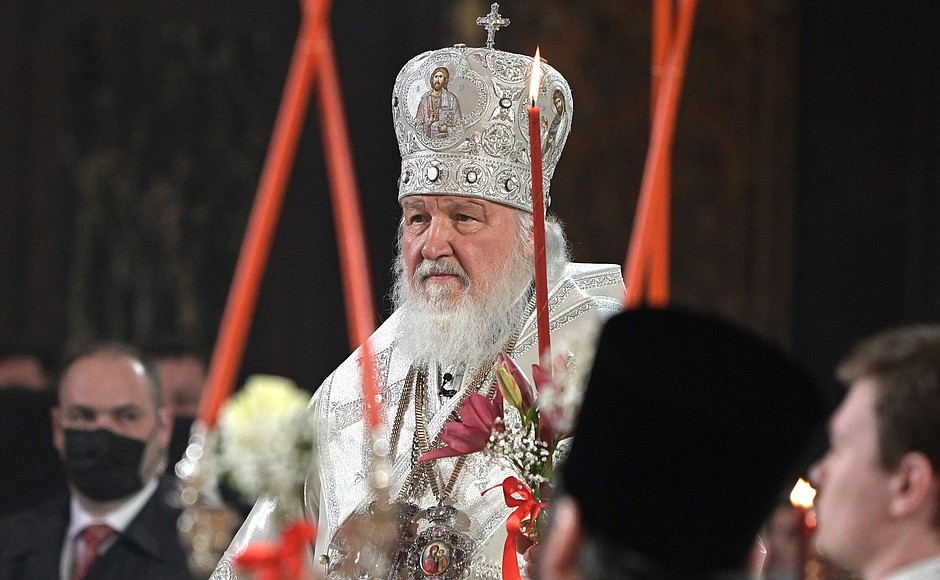 Patriarch Kirill of Moscow and All Russia during Easter service at the Christ the Saviour Cathedral.