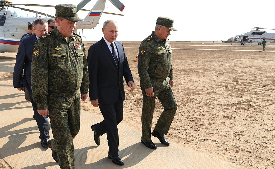 At the Kapustin Yar training centre during the main stage of the strategic headquarters exercise Caucasus-2020. With Defence Minister Sergei Shoigu, right, and First Deputy Defence Minister Valery Gerasimov, Chief of the Russian Armed Forces’ General Staff.