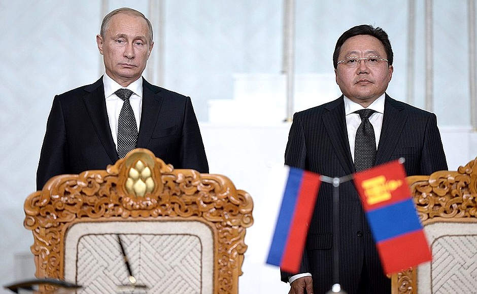 Witnessing the signing of Russian-Mongolian agreements. With President of Mongolia Tsakhiagiin Elbegdorj.