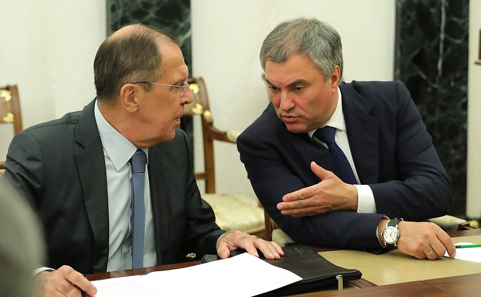 Before the meeting with permanent members of the Security Council. State Duma Speaker Vyacheslav Volodin (right) and Foreign Minister Sergei Lavrov.