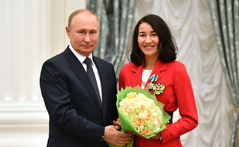 Ceremony for presenting state decorations to winners of the 2020 Summer Olympics in Tokyo. The Order of Friendship is awarded to 2020 Olympics champion in women’s team foil event Adelina Zagidullina.