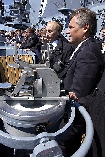 President Putin on board the missile cruiser Marshal Ustinov with Polish President Alexander Kwasniewski during the tactical exercises of the Baltic and Northern Fleets.