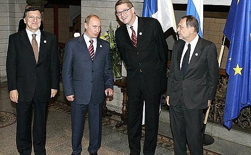 Russia-European Union summit. With President of the European Commission Jose Manuel Barroso (left), Finnish Prime Minister Matti Vanhanen, and Javier Solana, secretary general of the European Union Council and EU high representative for the common foreign and security policy.