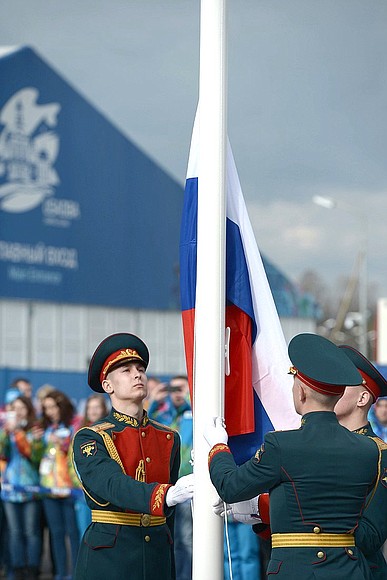At the welcoming ceremony for the Russian Olympic Committee delegation. Raising of the Russian flag.