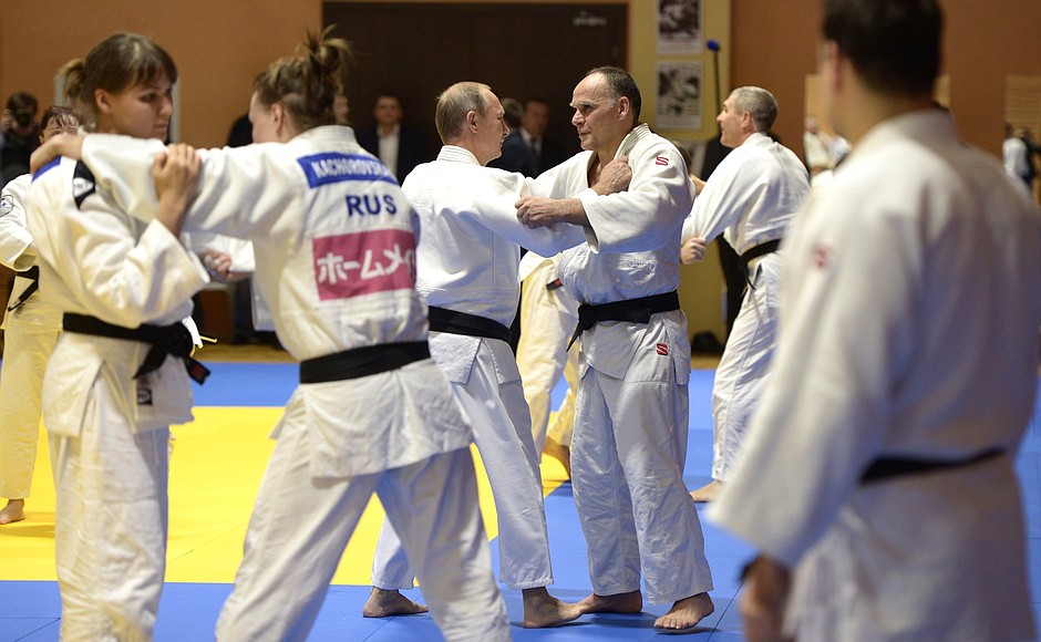 Vladimir Putin took part in a training session with judo players.