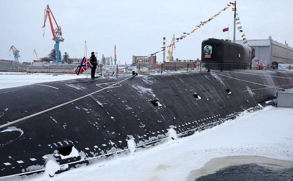 During the ceremony for raising naval flag on nuclear-powered submarine Emperor Alexander III.