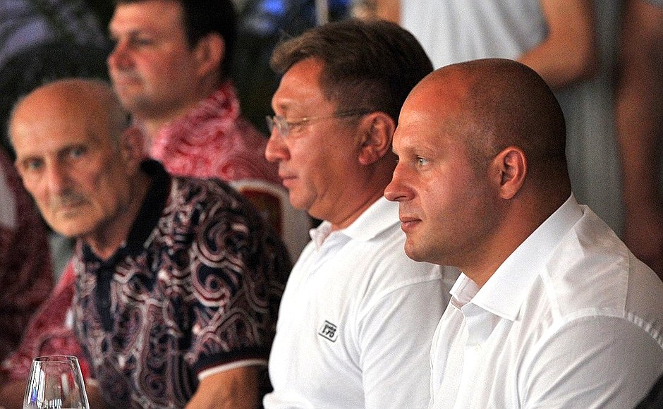 Fedor Yemelyanenko, many-times mixed martial arts world champion (far right), at Vladimir Putin’s meeting with Russia’s Olympic judo team.