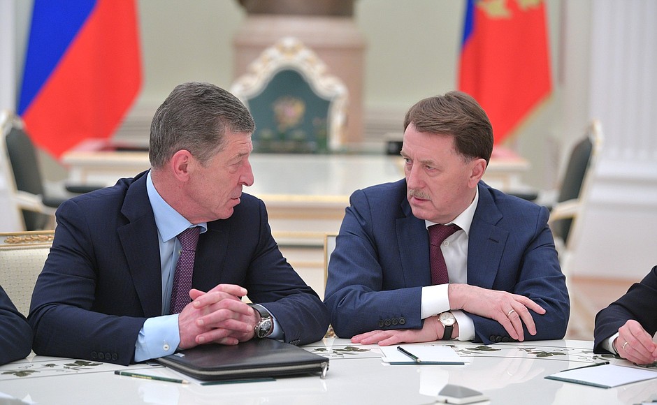 Prior to the meeting with Government members who have resigned: Dmitry Kozak (appointed Deputy Chief of Staff of the Presidential Executive Office) and Alexei Gordeyev.
