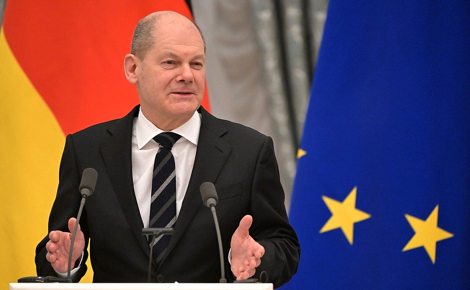 Federal Chancellor of Germany Olaf Scholz at a news conference following Russian-German talks.