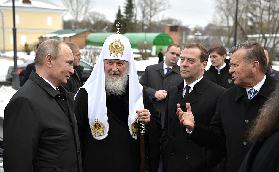 With Patriarch Kirill of Moscow and All Russia, Prime Minister Dmitry Medvedev and Viktor Zubkov during a visit to the Voskresensky New Jerusalem Monastery.