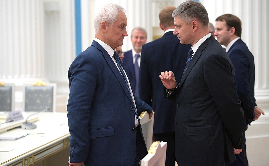 Presidential Aide Andrei Belousov and Russian Railways CEO Oleg Belozerov before the meeting with representatives of the Russian business community.