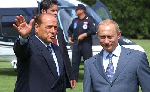 President Putin and Italian Prime Minister Silvio Berlusconi arriving at Villa Certosa.