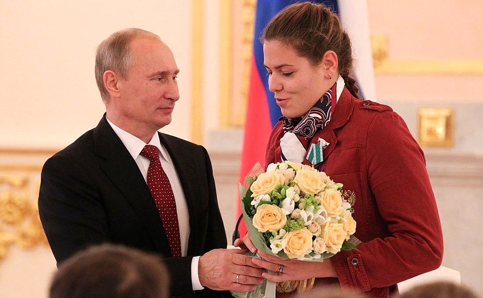 Ceremony for presenting state decorations to champions and medallists at the London Paralympics. Swimmer Oksana Savchenko, who won five gold medals and set four world records, is awarded the Order of Friendship.