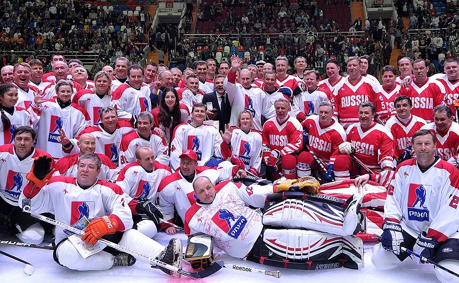 Vladimir Putin playing in a match between the Russian Amateur Hockey League select and the Russian hockey legends team.