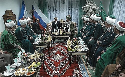 President Putin meeting with Talgat Tadzhuddin, head of the Spiritual Directorate of Muslims of Russia, and top Muslim religious leaders.