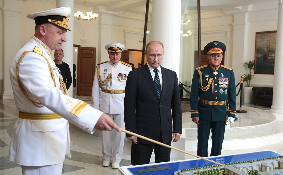 Visit to the Nakhimov Naval Academy. With Head of the Nakhimov Naval Academy Anatoly Minakov (left) and Defence Minister Sergei Shoigu.