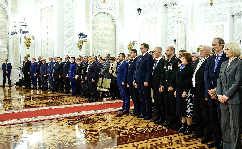 Participants in the ceremony for signing the treaties on the accession of the Donetsk People's Republic, Lugansk People's Republic, Zaporozhye and Kherson regions to Russia.