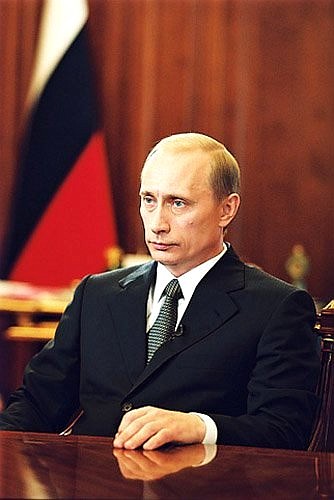 President Vladimir Putin delivering a speech on TV and radio on the 60th anniversary of the beginning of the Great Patriotic War.