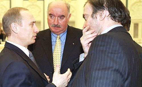 Government commissions discussing the preparation of celebrations to mark the millennium of Kazan in 2005 and the 300th anniversary of St Petersburg in 2003. President Vladimir Putin with the artistic director of St Petersburg\'s Mariinsky Theatre, Valery Gergiyev, right.