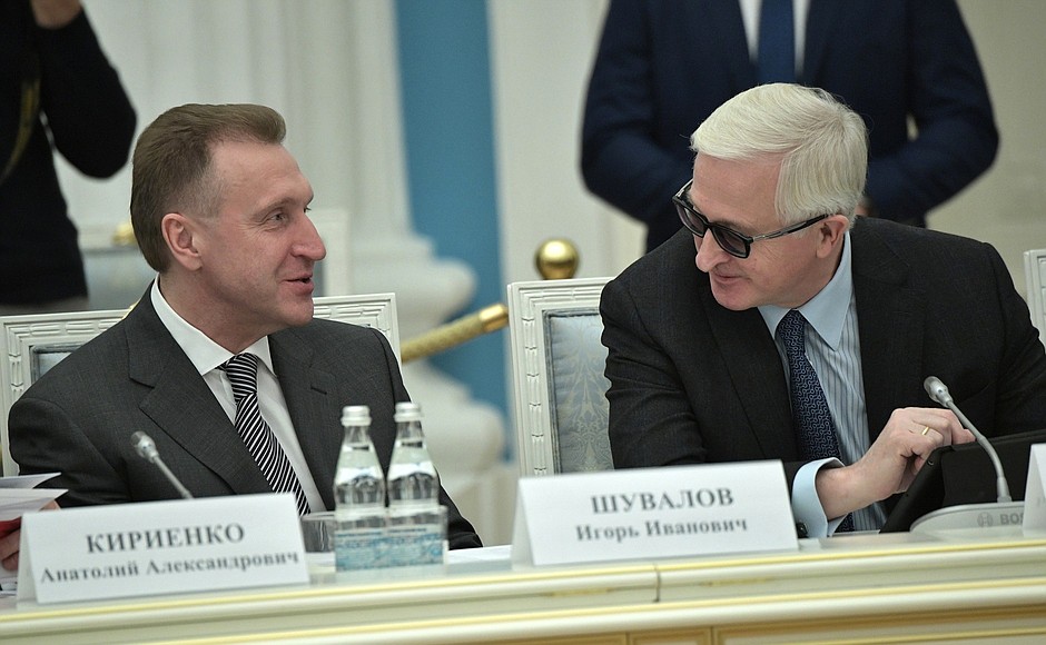 Chairman of the VEB.RF State Development Corporation Igor Shuvalov, left, and President of the Russian Union of Industrialists and Entrepreneurs Alexander Shokhin before a meeting of the Council for Strategic Development and National Projects.