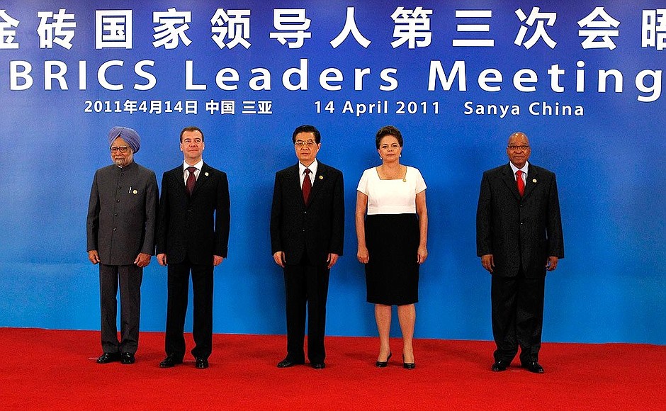 BRICS summit participants: Prime Minister of India Manmohan Singh, President of Russia Dmitry Medvedev, President of China Hu Jintao, President of Brazil Dilma Rousseff, President of South Africa Jacob Zuma.