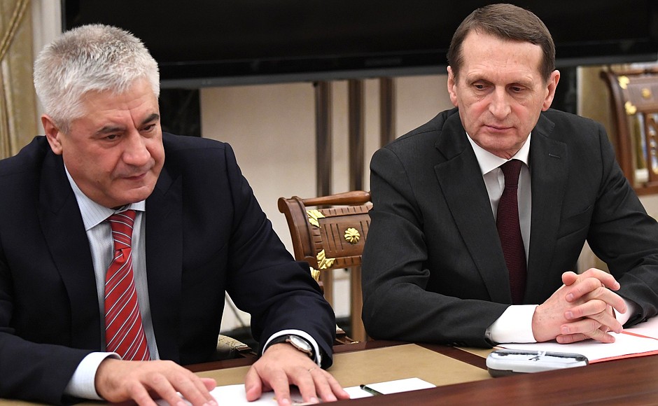 Interior Minister Vladimir Kolokoltsev and Director of the Foreign Intelligence Service Sergei Naryshkin before a meeting with permanent members of Security Council.