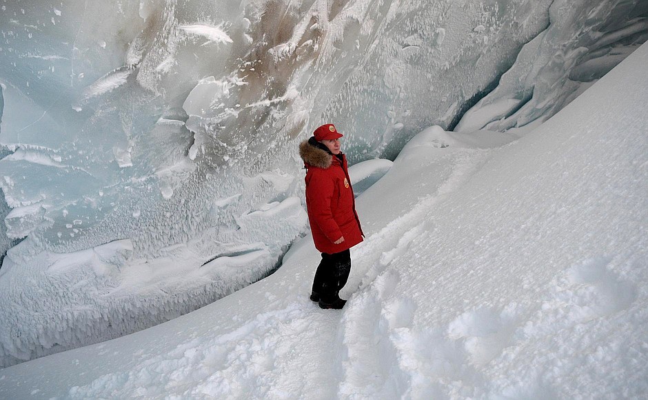 Visiting a cave in the Polar Aviators’ Glacier on Alexandra Land in the Franz Josef Land Archipelago.