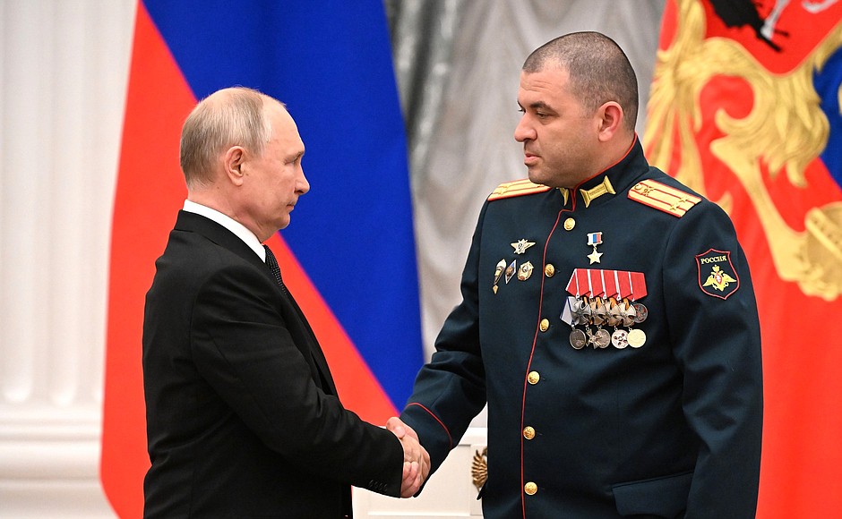 Ceremony for presenting state decorations. Guards Lieutenant Colonel Timur Kurilkin awarded the title Hero of the Russian Federation.