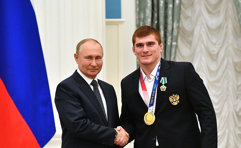 Ceremony for presenting state decorations to winners of the 2020 Summer Olympics in Tokyo. The Order of Friendship is awarded to 2020 Olympics champion in Greco-Roman wrestling (under 97 kg) Musa Yevloyev.