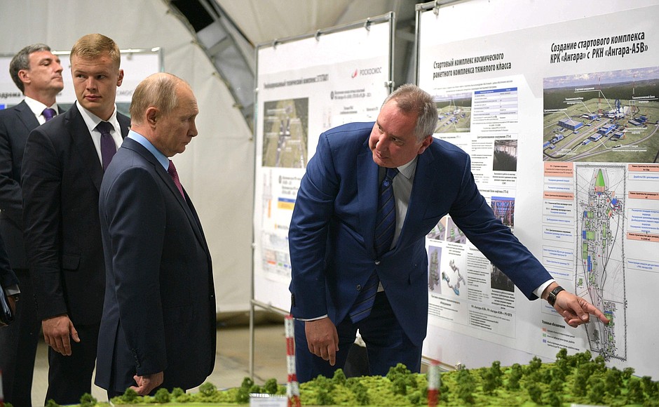 General Director of the Roscosmos State Corporation for Space Activities Dmitry Rogozin gives comments during a visit to Vostochny Space Launch Centre.