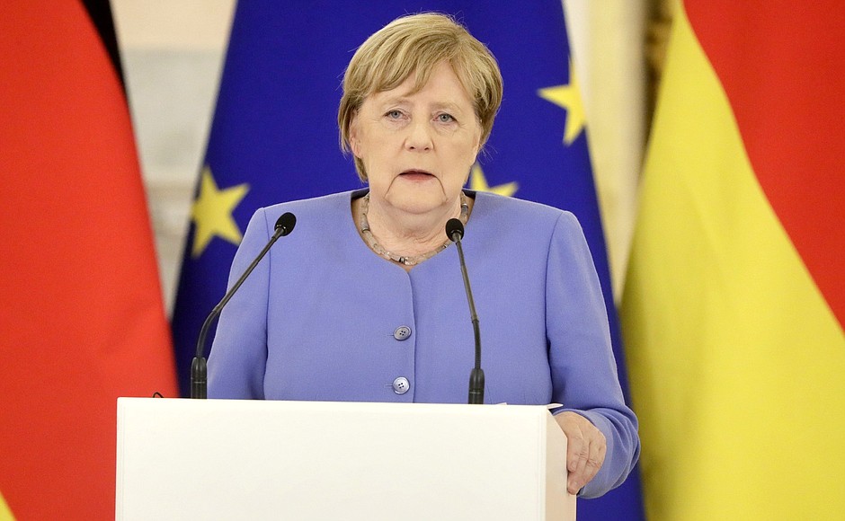 Federal Chancellor of Germany Angela Merkel at a news conference following Russian-German talks.