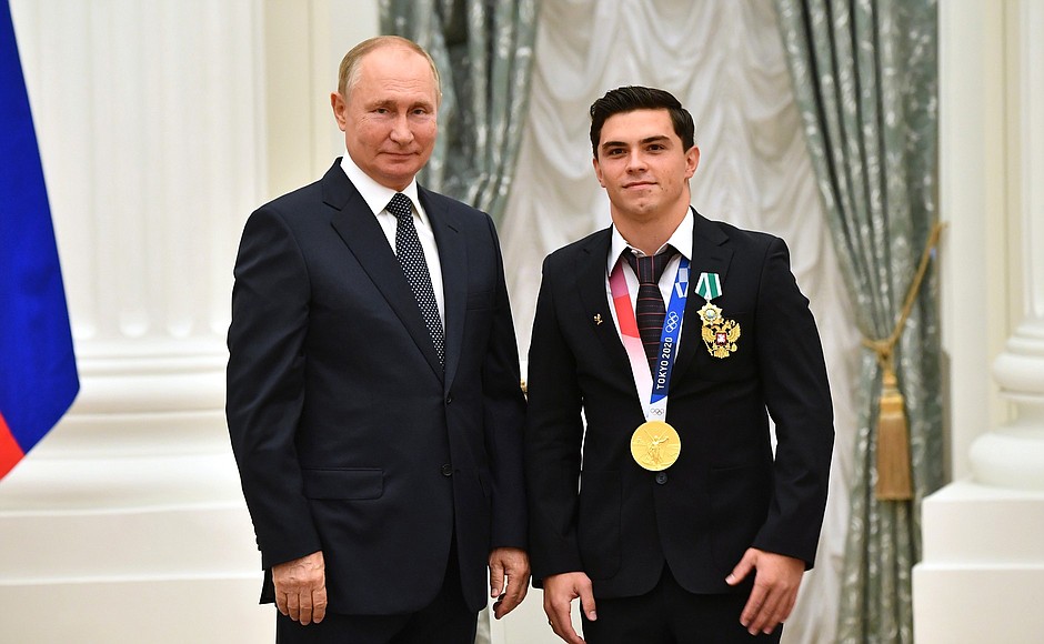 Ceremony for presenting state decorations to winners of the 2020 Summer Olympics in Tokyo. The Order of Friendship is awarded to 2020 Olympics champion in artistic gymnastics team event Artur Dalaloyan.