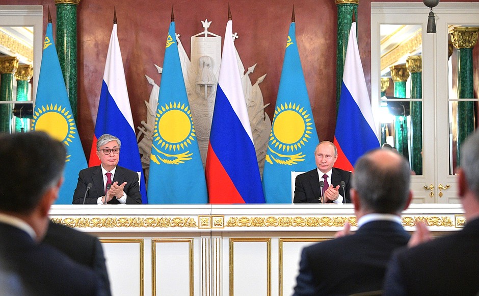 With President of Kazakhstan Kassym-Jomart Tokayev following Russian-Kazakhstani talks.