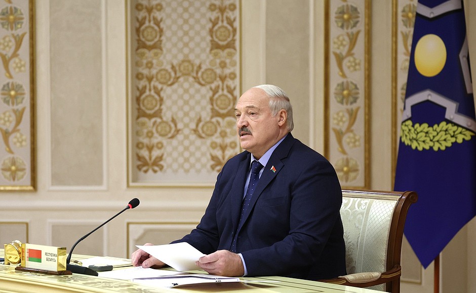 President of Belarus Alexander Lukashenko at the session of the Collective Security Council of the CSTO in a restricted format.