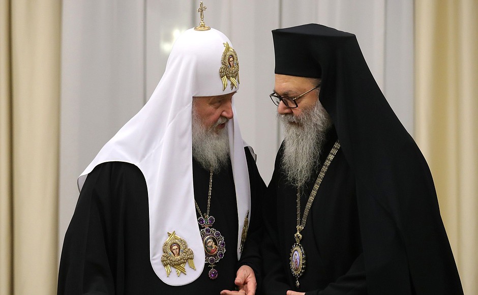 Patriarch of Moscow and All Russia Kirill (left) before the meeting with the heads of delegations of the local Orthodox churches.