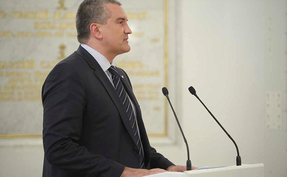 Acting Head of Crimea Sergei Aksyonov at a joint meeting of the State Council and the Presidential Council for the Implementation of Priority National Projects and Demographic Policy.
