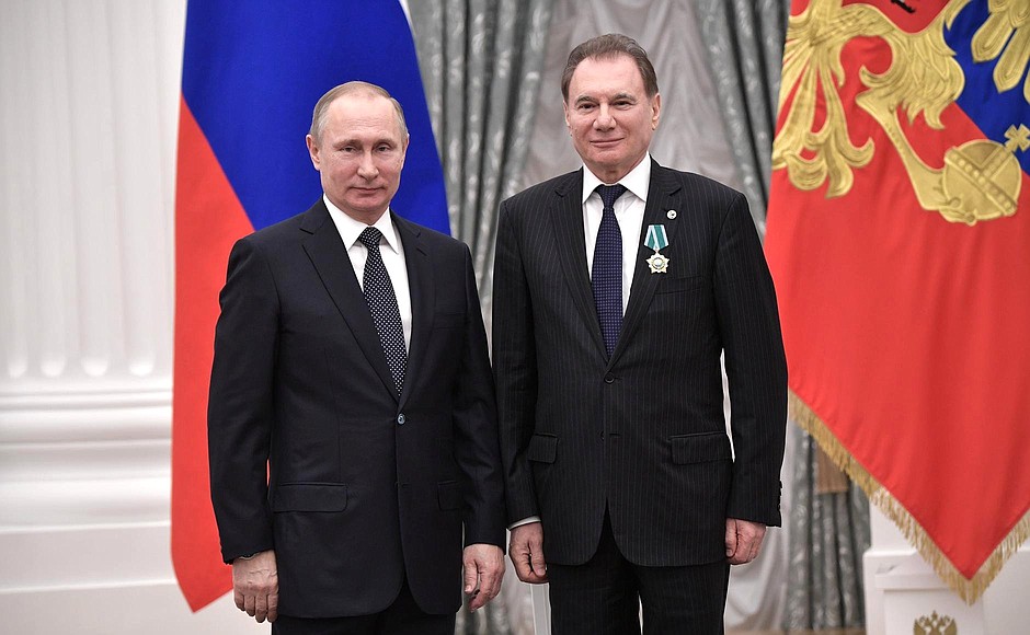 Presentation of state decorations. Vladimir Khavinson, director of the St Petersburg Institute of Bioregulation and Gerontology, is awarded the Order of Friendship.