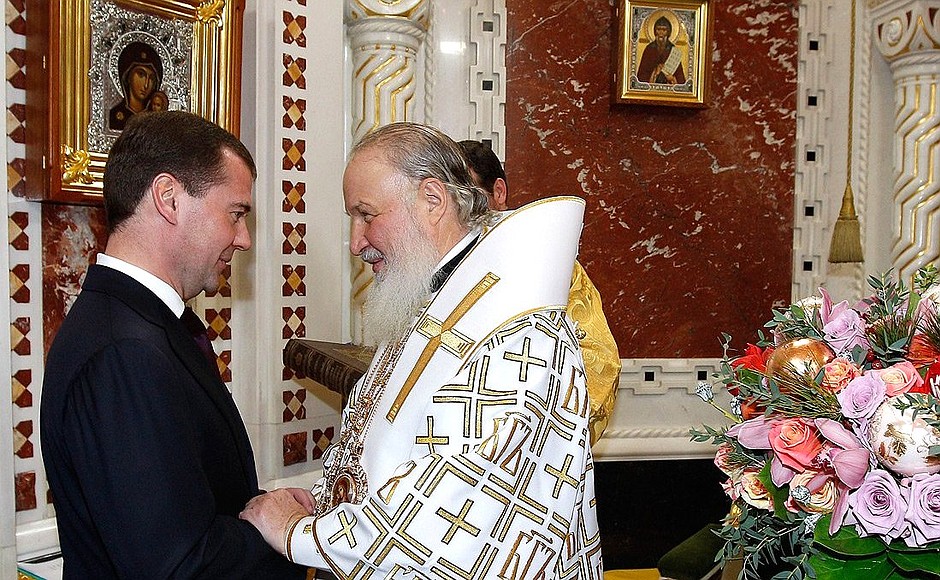 With Patriarch Kirill of Moscow and All Russia after the Christmas service at the Cathedral of Christ the Saviour.