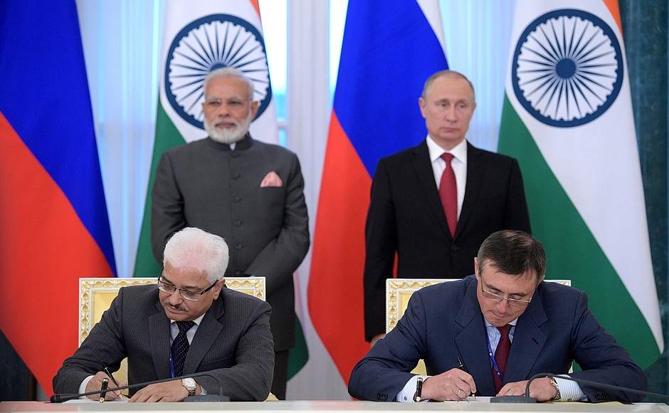 Vladimir Putin and Indian Prime Minister Narendra Modi witnessed the signing a package of agreements following Russian-Indian talks.