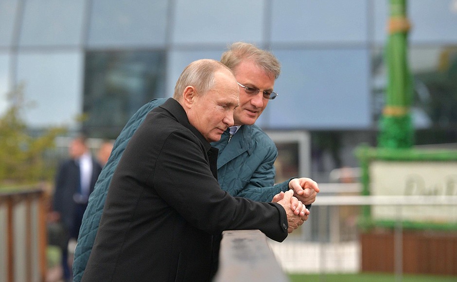 During the tour of the Mriya hotel grounds. With Sberbank President and Chairman of the Management Board German Gref.