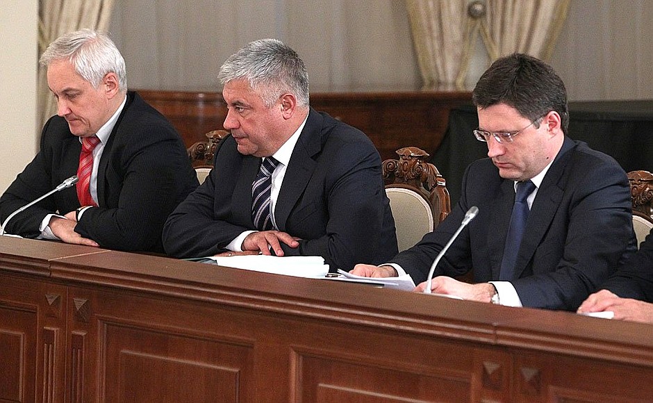 At a meeting of the Commission for Strategic Development of the Fuel and Energy Sector and Environmental Security (left to right): Economic Development Minister Andrei Belousov, Interior Minister Vladimir Kolokoltsev and Energy Minister Alexander Novak.