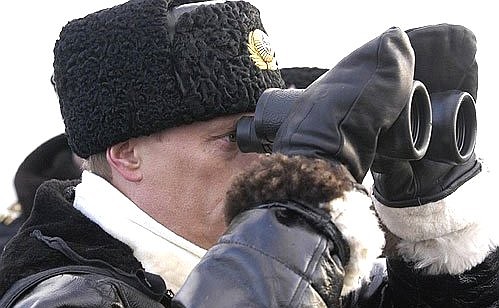 President Putin watching a strategic command post exercise in the Barents Sea.